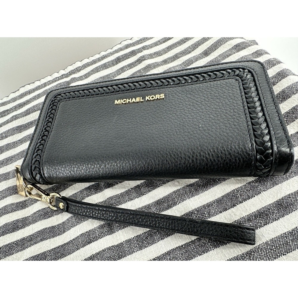 Michael Kors Wallet Large Lexington Continental Pebbled Leather Braided Wristlet